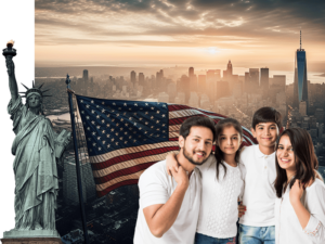 Banner of Family In Front of American Flag over New York Skyline